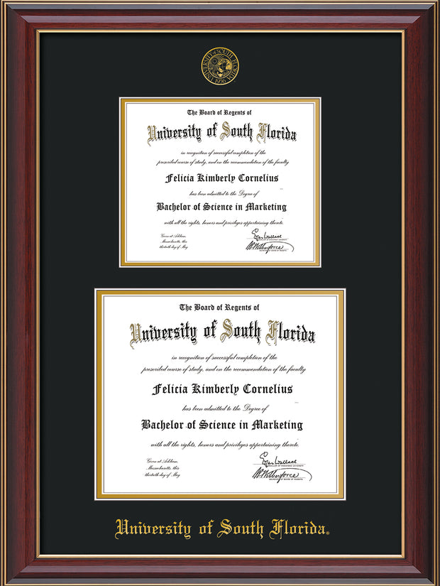 Image of University of South Florida Diploma Frame - Cherry Lacquer - w/Embossed USF Seal & Name - Double Diploma for 8.5x11 & 11x14 diplomas - Black on Gold mats