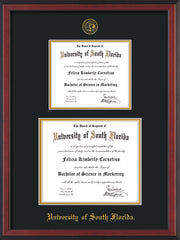 Image of University of South Florida Diploma Frame - Cherry Reverse - w/Embossed USF Seal & Name - Double Diploma for 8.5x11 & 11x14 diplomas - Black on Gold mats
