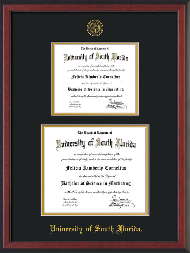 Image of University of South Florida Diploma Frame - Cherry Reverse - w/Embossed USF Seal & Name - Double Diploma for 8.5x11 & 11x14 diplomas - Black on Gold mats
