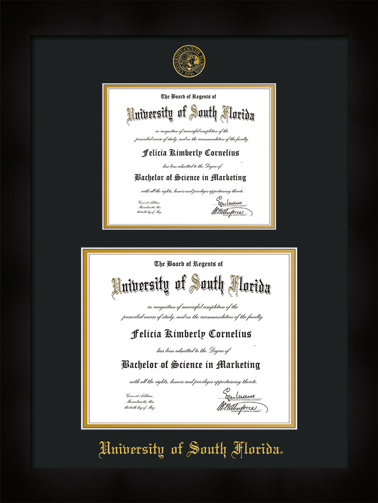Image of University of South Florida Diploma Frame - Flat Matte Black - w/Embossed USF Seal & Name - Double Diploma for 8.5x11 & 11x14 diplomas - Black on Gold mats