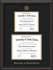 Image of University of South Florida Diploma Frame - Mahogany Braid - w/Embossed USF Seal & Name - Double Diploma for 8.5x11 & 11x14 diplomas - Black on Gold mats