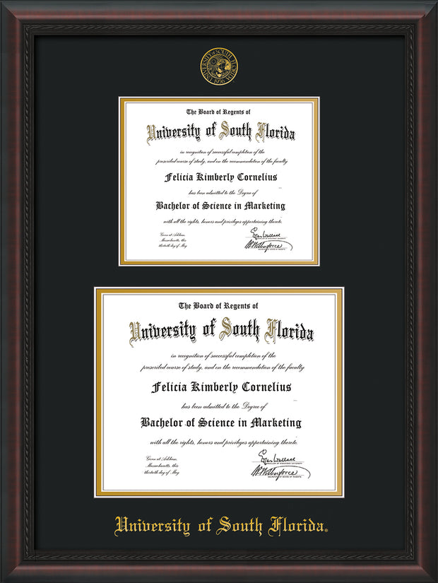 Image of University of South Florida Diploma Frame - Mahogany Braid - w/Embossed USF Seal & Name - Double Diploma for 8.5x11 & 11x14 diplomas - Black on Gold mats
