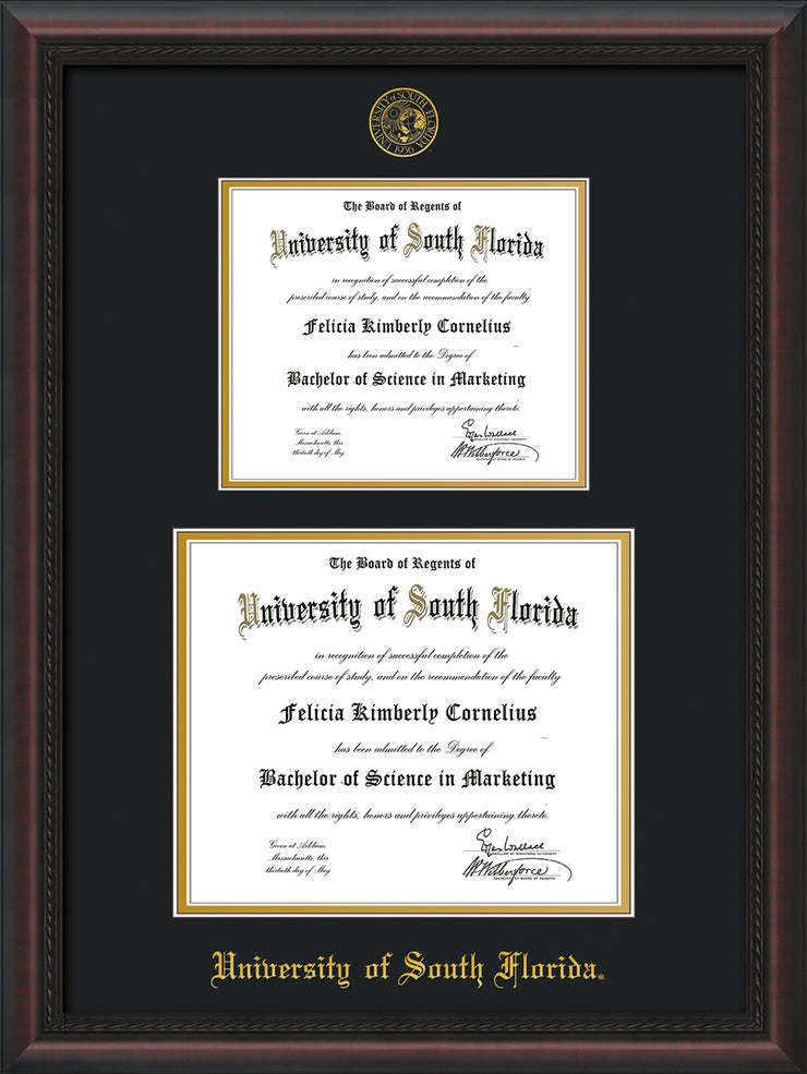 Image of University of South Florida Diploma Frame - Mahogany Braid - w/Embossed USF Seal & Name - Double Diploma for 8.5x11 & 11x14 diplomas - Black on Gold mats