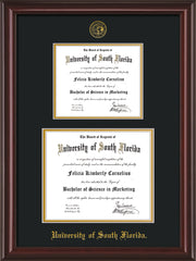 Image of University of South Florida Diploma Frame - Mahogany Lacquer - w/Embossed USF Seal & Name - Double Diploma for 8.5x11 & 11x14 diplomas - Black on Gold mats