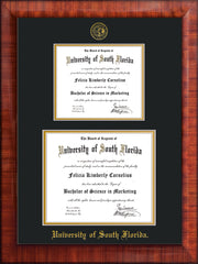Image of University of South Florida Diploma Frame - Mezzo Gloss - w/Embossed USF Seal & Name - Double Diploma for 8.5x11 & 11x14 diplomas - Black on Gold mats