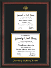 Image of University of South Florida Diploma Frame - Rosewood - w/Embossed USF Seal & Name - Double Diploma for 8.5x11 & 11x14 diplomas - Black on Gold mats