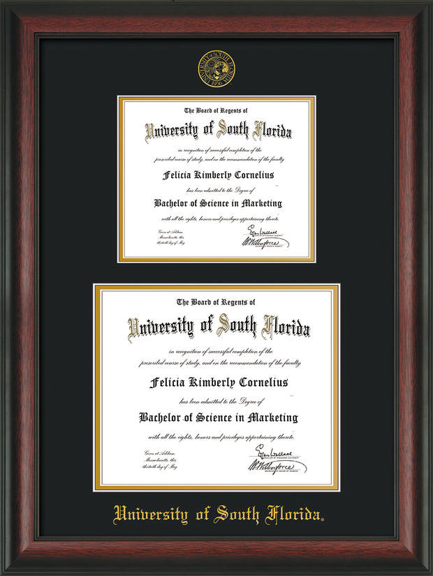 Image of University of South Florida Diploma Frame - Rosewood - w/Embossed USF Seal & Name - Double Diploma for 8.5x11 & 11x14 diplomas - Black on Gold mats