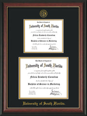 Image of University of South Florida Diploma Frame - Rosewood with Gold Lip - w/Embossed USF Seal & Name - Double Diploma for 8.5x11 & 11x14 diplomas - Black on Gold mats