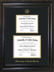 Image of University of South Florida Diploma Frame - Vintage Black Scoop - w/Embossed USF Seal & Name - Double Diploma for 8.5x11 & 11x14 diplomas - Black on Gold mats