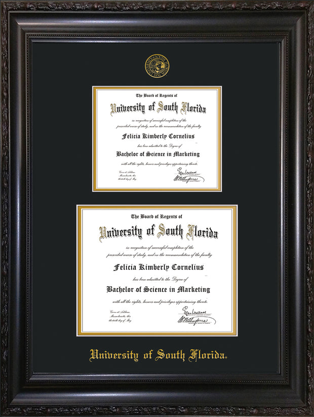 Image of University of South Florida Diploma Frame - Vintage Black Scoop - w/Embossed USF Seal & Name - Double Diploma for 8.5x11 & 11x14 diplomas - Black on Gold mats