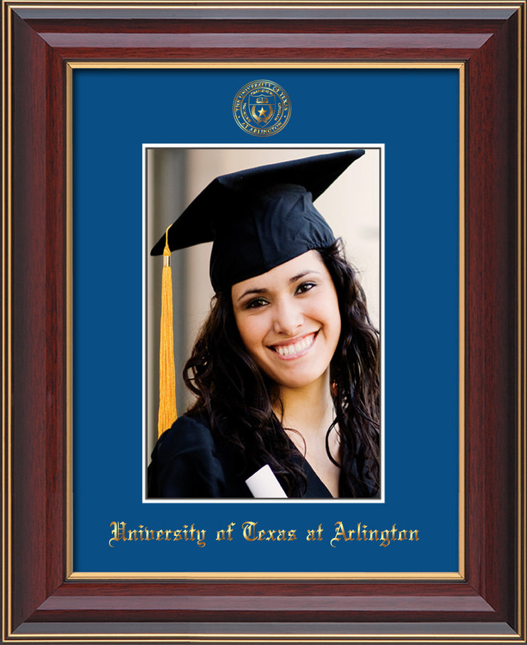 Image of University of Texas - Arlington 5 x 7 Photo Frame - Cherry Lacquer - w/Official Embossing of UTA Seal & Name - Single Royal Blue mat