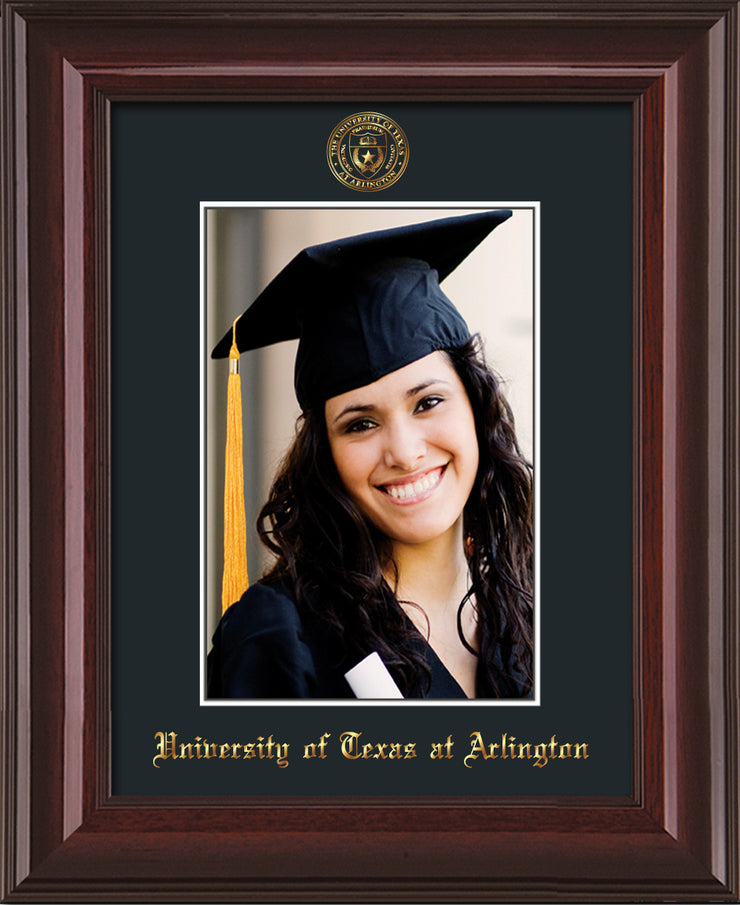 Image of University of Texas - Arlington 5 x 7 Photo Frame - Mahogany Lacquer - w/Official Embossing of UTA Seal & Name - Single Black mat