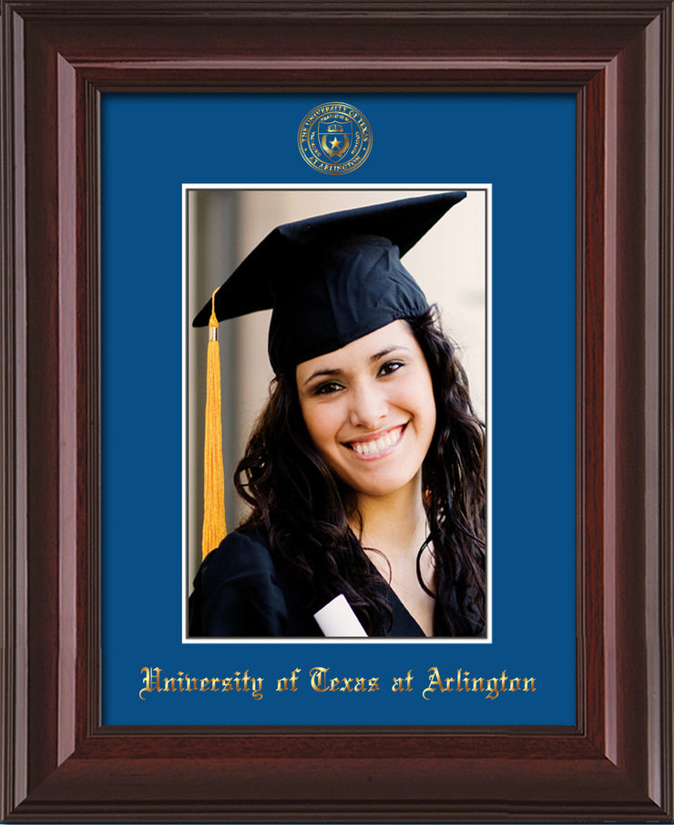 Image of University of Texas - Arlington 5 x 7 Photo Frame - Mahogany Lacquer - w/Official Embossing of UTA Seal & Name - Single Royal Blue mat