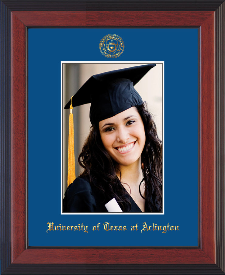 Image of University of Texas - Arlington 5 x 7 Photo Frame - Cherry Reverse - w/Official Embossing of UTA Seal & Name - Single Royal Blue mat