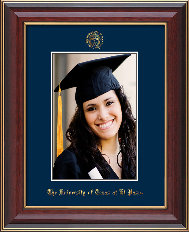 Image of University of Texas - El-Paso 5 x 7 Photo Frame - Cherry Lacquer - w/Official Embossing of UTEP Seal & Name - Single Navy mat
