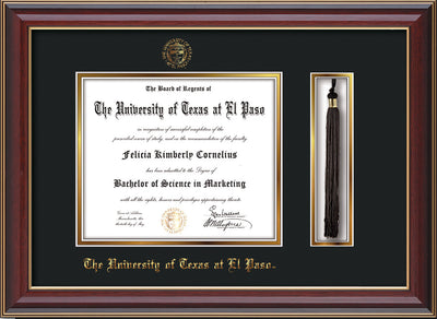 Image of University of Texas - El Paso Diploma Frame - Cherry Lacquer - w/UTEP Embossed Seal & Name - Tassel Holder - Black on Gold mat