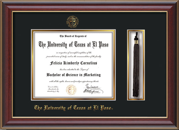 Image of University of Texas - El Paso Diploma Frame - Cherry Lacquer - w/UTEP Embossed Seal & Name - Tassel Holder - Black on Gold mat