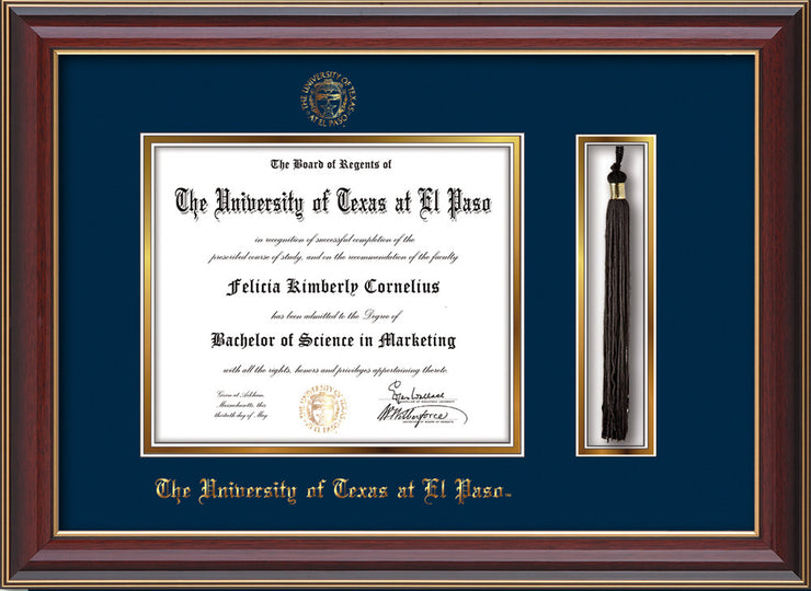 Image of University of Texas - El Paso Diploma Frame - Cherry Lacquer - w/UTEP Embossed Seal & Name - Tassel Holder - Navy on Gold mat