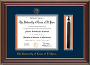 Image of University of Texas - El Paso Diploma Frame - Cherry Lacquer - w/UTEP Embossed Seal & Name - Tassel Holder - Navy on Orange mat