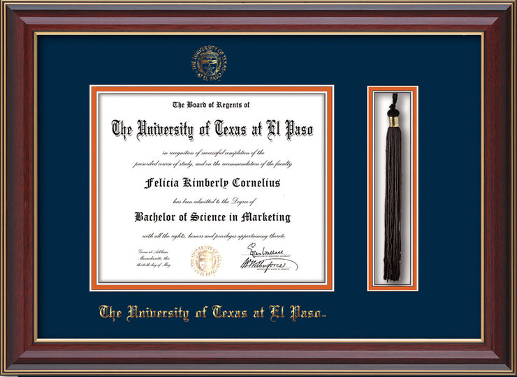 Image of University of Texas - El Paso Diploma Frame - Cherry Lacquer - w/UTEP Embossed Seal & Name - Tassel Holder - Navy on Orange mat