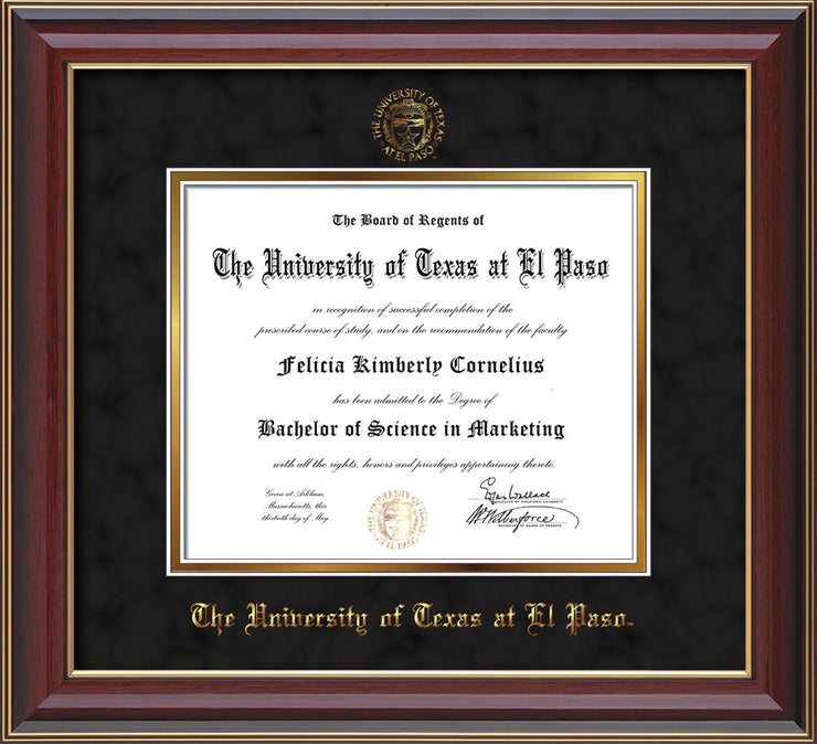 Image of University of Texas - El Paso Diploma Frame - Cherry Lacquer - w/UTEP Embossed Seal & Name - Black Suede on Gold mat