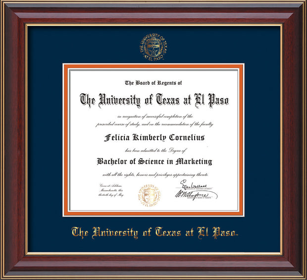 Image of University of Texas - El Paso Diploma Frame - Cherry Lacquer - w/UTEP Embossed Seal & Name - Navy on Orange mat