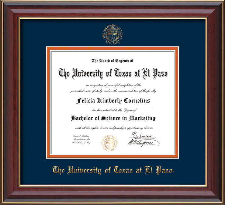 Image of University of Texas - El Paso Diploma Frame - Cherry Lacquer - w/UTEP Embossed Seal & Name - Navy on Orange mat