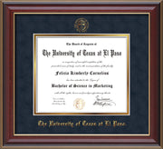 Image of University of Texas - El Paso Diploma Frame - Cherry Lacquer - w/UTEP Embossed Seal & Name - Navy Suede on Gold mat