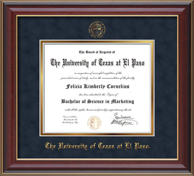 Image of University of Texas - El Paso Diploma Frame - Cherry Lacquer - w/UTEP Embossed Seal & Name - Navy Suede on Gold mat
