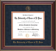 Image of University of Texas - El Paso Diploma Frame - Cherry Lacquer - w/UTEP Embossed Seal & Name - Navy Suede on Orange mat