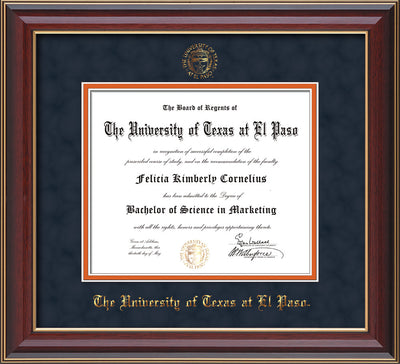 Image of University of Texas - El Paso Diploma Frame - Cherry Lacquer - w/UTEP Embossed Seal & Name - Navy Suede on Orange mat