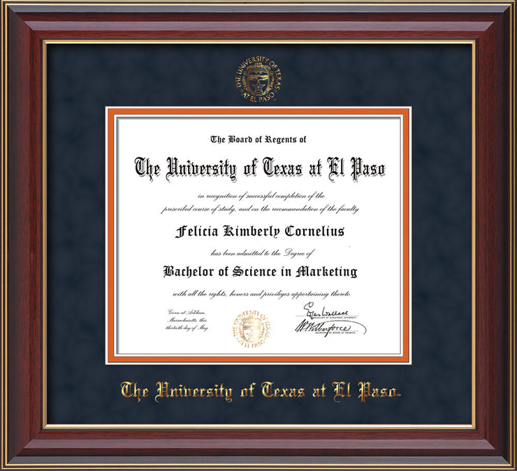 Image of University of Texas - El Paso Diploma Frame - Cherry Lacquer - w/UTEP Embossed Seal & Name - Navy Suede on Orange mat