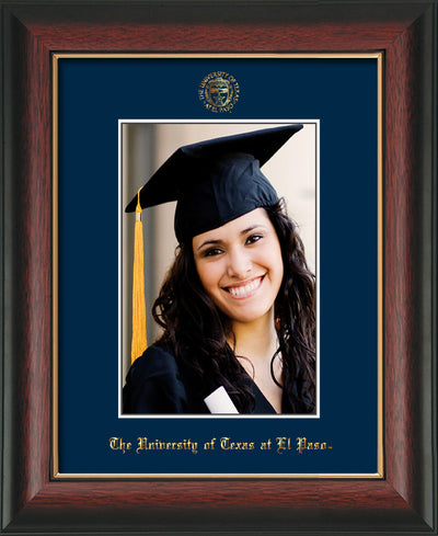 Image of University of Texas - El-Paso 5 x 7 Photo Frame - Rosewood w/Gold Lip - w/Official Embossing of UTEP Seal & Name - Single Navy mat