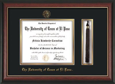 Image of University of Texas - El Paso Diploma Frame - Rosewood w/Gold Lip - w/UTEP Embossed Seal & Name - Tassel Holder - Black on Gold mat
