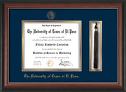Image of University of Texas - El Paso Diploma Frame - Rosewood w/Gold Lip - w/UTEP Embossed Seal & Name - Tassel Holder - Navy on Gold mat