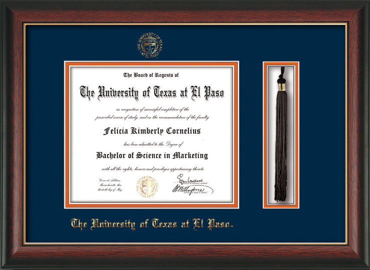 Image of University of Texas - El Paso Diploma Frame - Rosewood w/Gold Lip - w/UTEP Embossed Seal & Name - Tassel Holder - Navy on Orange mat