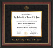 Image of University of Texas - El Paso Diploma Frame - Rosewood w/Gold Lip - w/UTEP Embossed Seal & Name - Black Suede on Gold mat