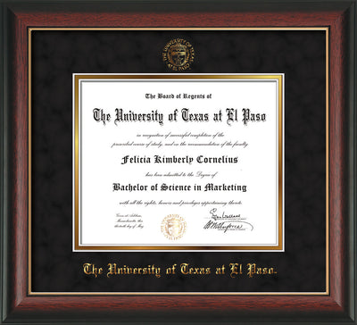 Image of University of Texas - El Paso Diploma Frame - Rosewood w/Gold Lip - w/UTEP Embossed Seal & Name - Black Suede on Gold mat