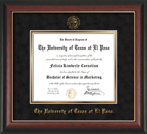 Image of University of Texas - El Paso Diploma Frame - Rosewood w/Gold Lip - w/UTEP Embossed Seal & Name - Black Suede on Gold mat