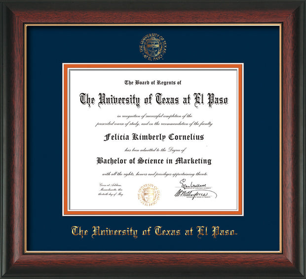 Image of University of Texas - El Paso Diploma Frame - Rosewood w/Gold Lip - w/UTEP Embossed Seal & Name - Navy on Orange mat