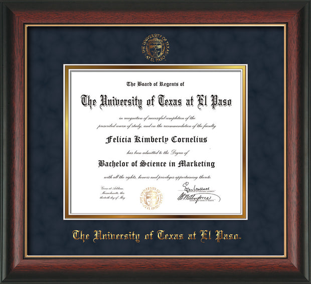 Image of University of Texas - El Paso Diploma Frame - Rosewood w/Gold Lip - w/UTEP Embossed Seal & Name - Navy Suede on Gold mat