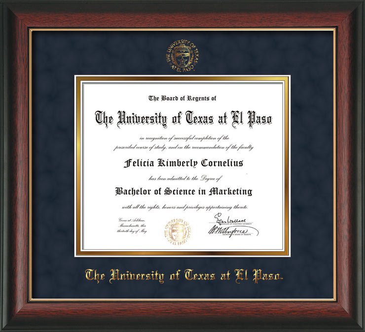 Image of University of Texas - El Paso Diploma Frame - Rosewood w/Gold Lip - w/UTEP Embossed Seal & Name - Navy Suede on Gold mat