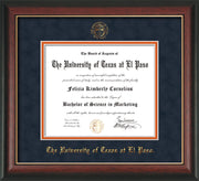 Image of University of Texas - El Paso Diploma Frame - Rosewood w/Gold Lip - w/UTEP Embossed Seal & Name - Navy Suede on Orange mat