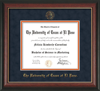 Image of University of Texas - El Paso Diploma Frame - Rosewood w/Gold Lip - w/UTEP Embossed Seal & Name - Navy Suede on Orange mat
