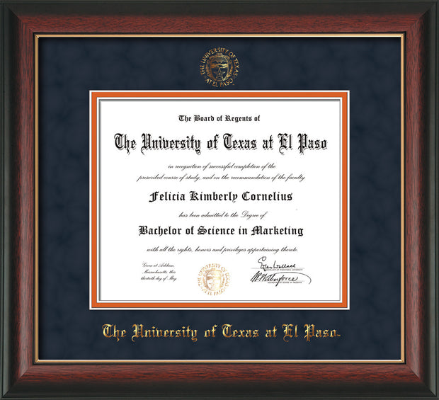 Image of University of Texas - El Paso Diploma Frame - Rosewood w/Gold Lip - w/UTEP Embossed Seal & Name - Navy Suede on Orange mat