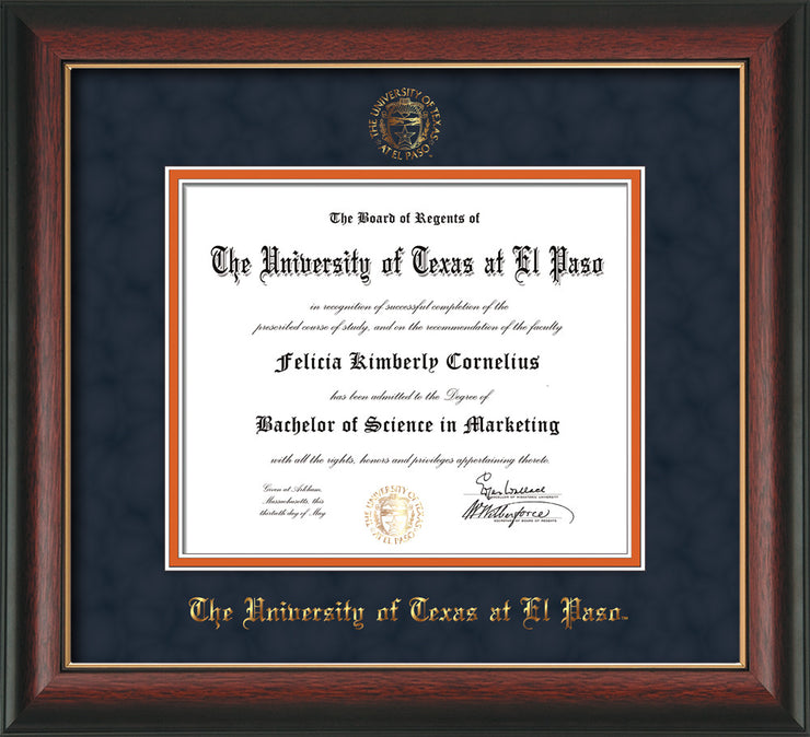 Image of University of Texas - El Paso Diploma Frame - Rosewood w/Gold Lip - w/UTEP Embossed Seal & Name - Navy Suede on Orange mat