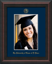 Image of University of Texas - El-Paso 5 x 7 Photo Frame - Mahogany Braid - w/Official Embossing of UTEP Seal & Name - Single Navy mat