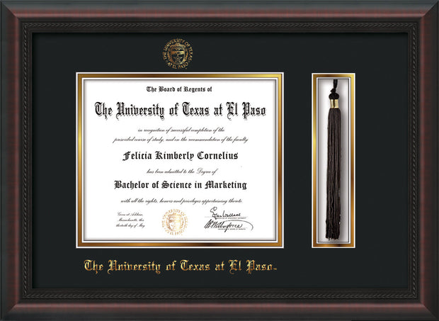 Image of University of Texas - El Paso Diploma Frame - Mahogany Braid - w/UTEP Embossed Seal & Name - Tassel Holder - Black on Gold mat