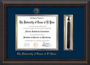 Image of University of Texas - El Paso Diploma Frame - Mahogany Braid - w/UTEP Embossed Seal & Name - Tassel Holder - Navy on Gold mat