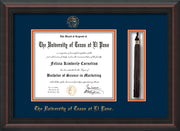 Image of University of Texas - El Paso Diploma Frame - Mahogany Braid - w/UTEP Embossed Seal & Name - Tassel Holder - Navy on Orange mat